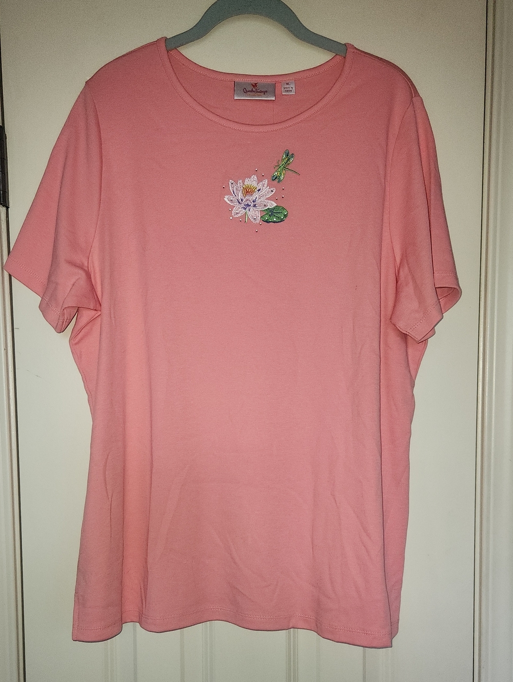 Quacker Factory Coral Pink Short Sleeve Tee with Lotus & Dragonfly Embroidery